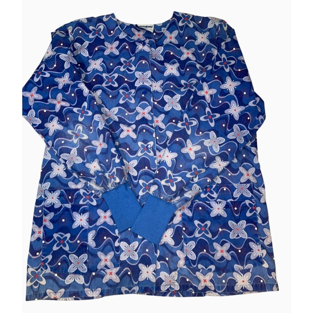 Landau Women's Blue Floral Print Scrub  Jacket Long Sleeve